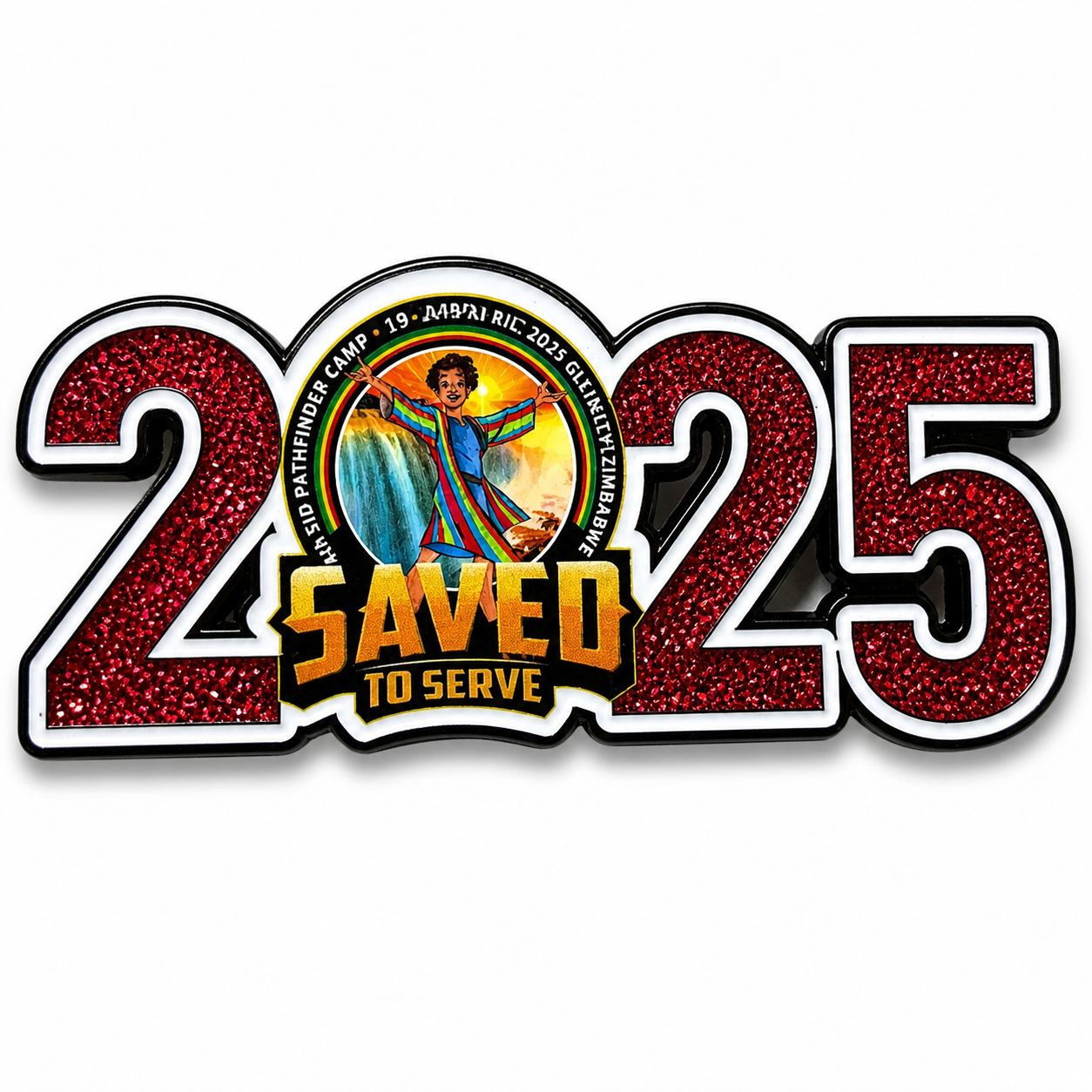 ​2025 Pathfinder Camporee Pin – “Saved to Serve” (Red Glitter Edition)